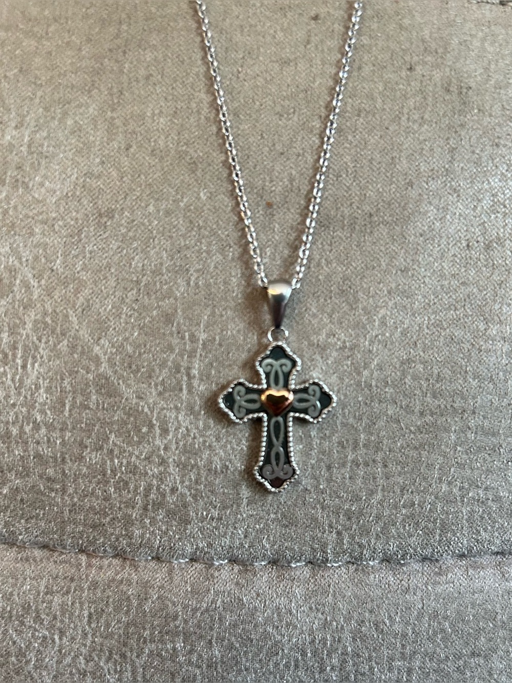 Silver Cross Pendant Necklace with Gold Accent - Women's Jewelry